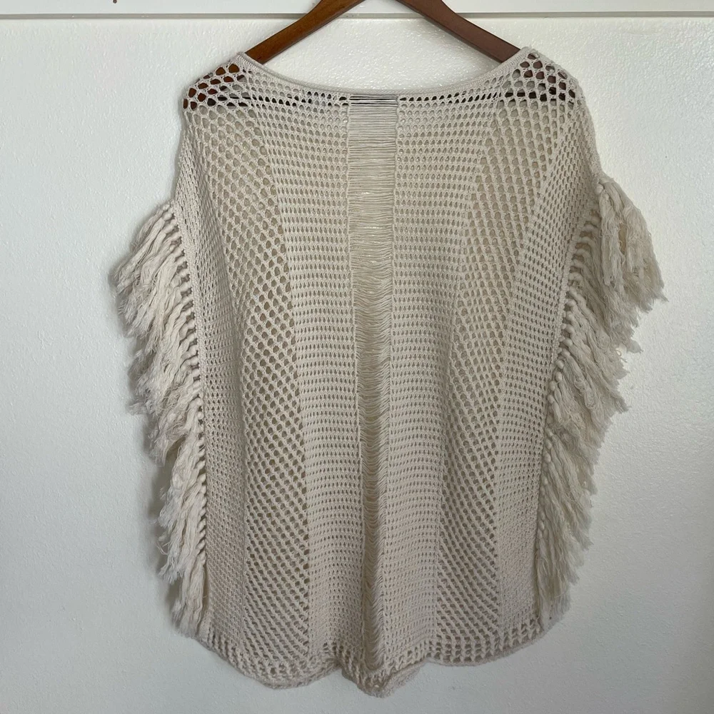 Lucky Brand L Cream Open Knit Fringe Boho Sleeveless Sweater - Picture 7 of 9
